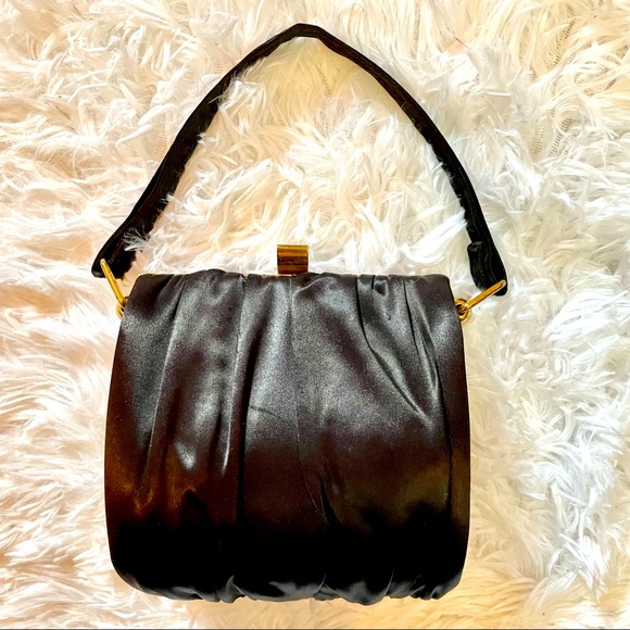 Vintage Handbags - Vintage 1950s Structured Black Satin Evening Handbag with Kiss-lock Closure